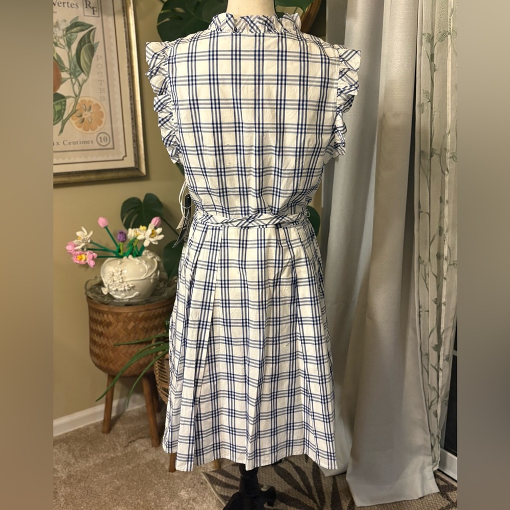 NWT White/Navy Blue Plaid Checkered Ruffle Mini Dress - Picture 6 of 11